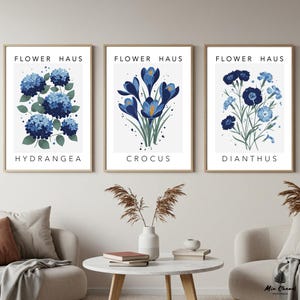 Set of 3 Flower Haus Digital Prints - Hydrangea, Crocus, Dianthus - Navy Blue Botanical Wall Art, Vintage Retro Floral Gallery Wall Art