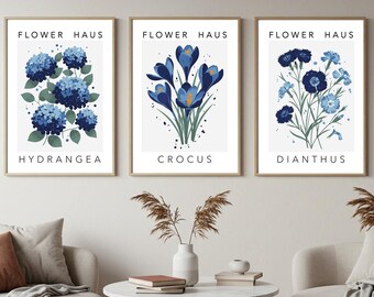 Conjunto de 3 impresiones digitales de Flower Haus: hortensias, azafranes y claveles. Arte mural botánico azul marino. Arte mural floral retro vintage.