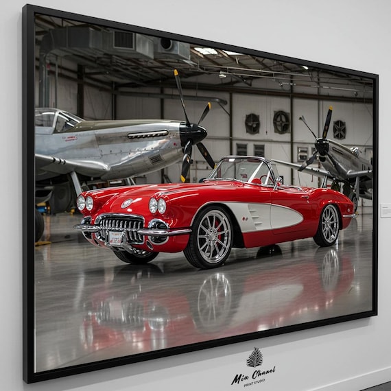 Chevrolet Corvette コルベットc1 ウォールシェルフ 壁棚 Classic Corvette C1 & P-51 Mustang WW2 Vintage Aircraft Print