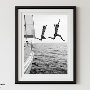 Sail Boat Women Jumping into Ocean, Sailing Fun, Black and White Art, Vintage Wall Art, Retro Wall Print, DOWNLOAD, PRINTABLE Art