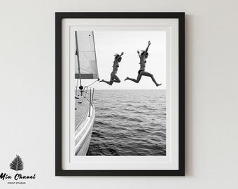 Sail Boat Women Jumping into Ocean, Sailing Fun, Black and White Art, Vintage Wall Art, Retro Wall Print, DOWNLOAD, PRINTABLE Art