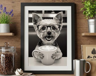 Funny Yorkshire Terrier Coffee Print, Yorkie with Glasses Art, Humorous Dog Wall Decor, Black and White Art, Coffee Lover Gift, DOWNLOAD