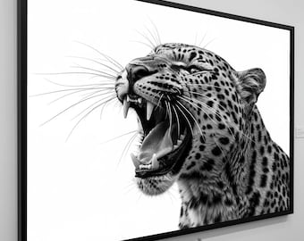 Trendy Leopard Roaring Print, Black and White Art, Fashion Stylish Wall Art Print, Digital Download, Home Decor, Printable Wall Art