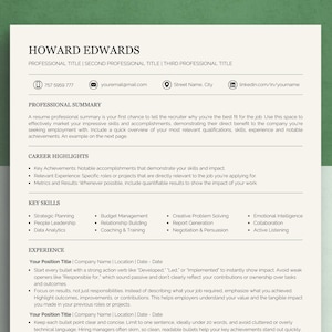 May include: A black and white resume template with the title "Howard Edwards" at the top. The resume includes sections for professional summary, career highlights, key skills, and experience. The template is designed to help job seekers create a professional and effective resume.