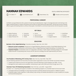 Puede incluir: Un currículum vitae para Hannah Edwards, una entusiasta del marketing digital. El currículum destaca sus habilidades, educación y experiencia en marketing digital. Incluye habilidades clave como Adobe Photoshop, Canva y Google Analytics. También enumera su experiencia como vicepresidenta de marketing para el NYC Archery Club y como tutora voluntaria para la NYC Marketing Association.