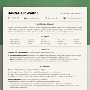 May include: A resume for Hannah Edwards, a digital marketing enthusiast. The resume includes her contact information, professional summary, key skills, education, and work experience.