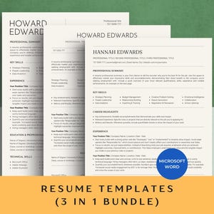 May include: Three white resume templates with black text, featuring sections for professional summary, key skills, career highlights, experience, education, and technical skills. A blue circular badge with the text MICROSOFT WORD is visible.