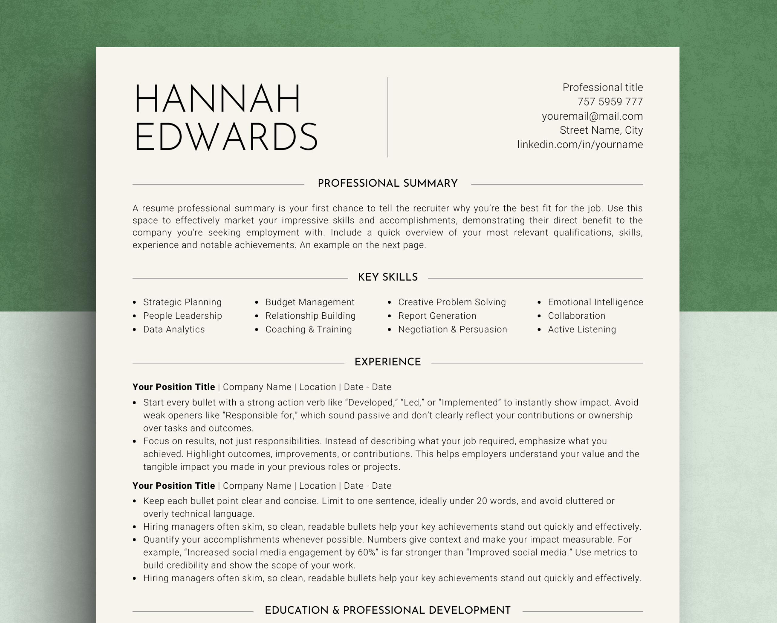 Minimalist Single-Column Resume Template for Job Applications CV Cover Letter Template Modern ATS Compliant Curriculum Vitae Outstanding