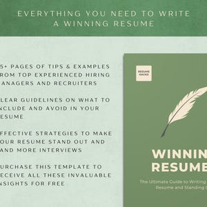 Puede incluir: Gr&aacute;fico verde y blanco con el texto "Todo lo que necesitas para escribir un curr&iacute;culum ganador". El gr&aacute;fico tambi&eacute;n incluye el texto "Curr&iacute;culums ganadores: La gu&iacute;a definitiva para escribir un curr&iacute;culum ganador y destacar".