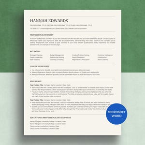 May include: A resume template with the name "HANNAH EDWARDS" at the top. The document includes sections for a professional summary, key skills, career highlights, experience, and education. A blue "MICROSOFT WORD" logo is in the bottom right corner.