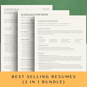 May include: A bundle of three resume templates with the name "Hannah Edwards" at the top. The resumes have a clean, professional design with sections for key skills, experience, and education. The text "Best Selling Resumes (3 in 1 Bundle)" is at the bottom.