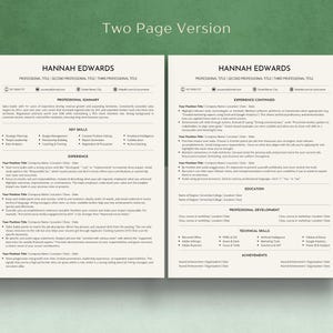 Puede incluir: Una plantilla de curr&iacute;culum de dos p&aacute;ginas en blanco y negro. El curr&iacute;culum es para Hannah Edwards e incluye secciones para resumen profesional, habilidades clave, experiencia, educaci&oacute;n, desarrollo profesional, habilidades t&eacute;cnicas y logros.