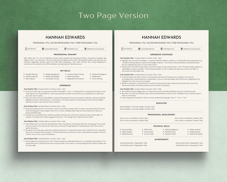 Puede incluir: Una plantilla de curr&iacute;culum de dos p&aacute;ginas en blanco y negro. El curr&iacute;culum es para Hannah Edwards e incluye secciones para resumen profesional, habilidades clave, experiencia, educaci&oacute;n, desarrollo profesional, habilidades t&eacute;cnicas y logros.