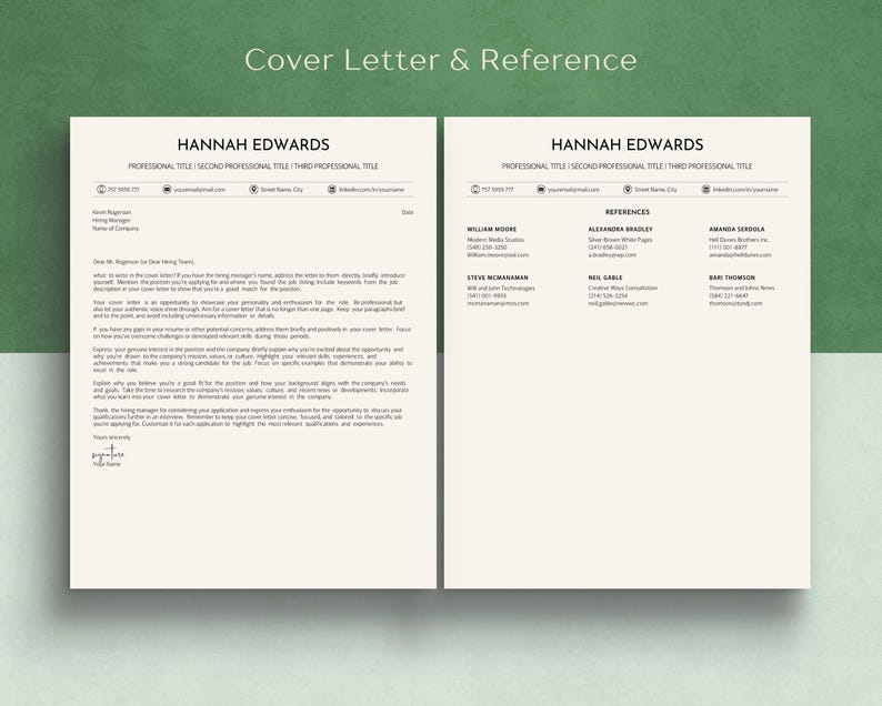 Puede incluir: Una p&aacute;gina de carta de presentaci&oacute;n y referencia en blanco y negro con el nombre Hannah Edwards en la parte superior de cada p&aacute;gina. La carta de presentaci&oacute;n es una plantilla gen&eacute;rica con espacio para una firma. La p&aacute;gina de referencia enumera varios nombres e informaci&oacute;n de contacto.
