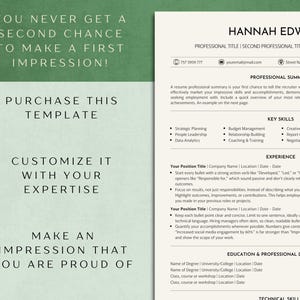Puede incluir: Una plantilla de curr&iacute;culum con el texto "You never get a second chance to make a first impression!" en la parte superior. La plantilla incluye secciones para un resumen profesional, habilidades clave, experiencia, educaci&oacute;n y desarrollo profesional, y habilidades t&eacute;cnicas.