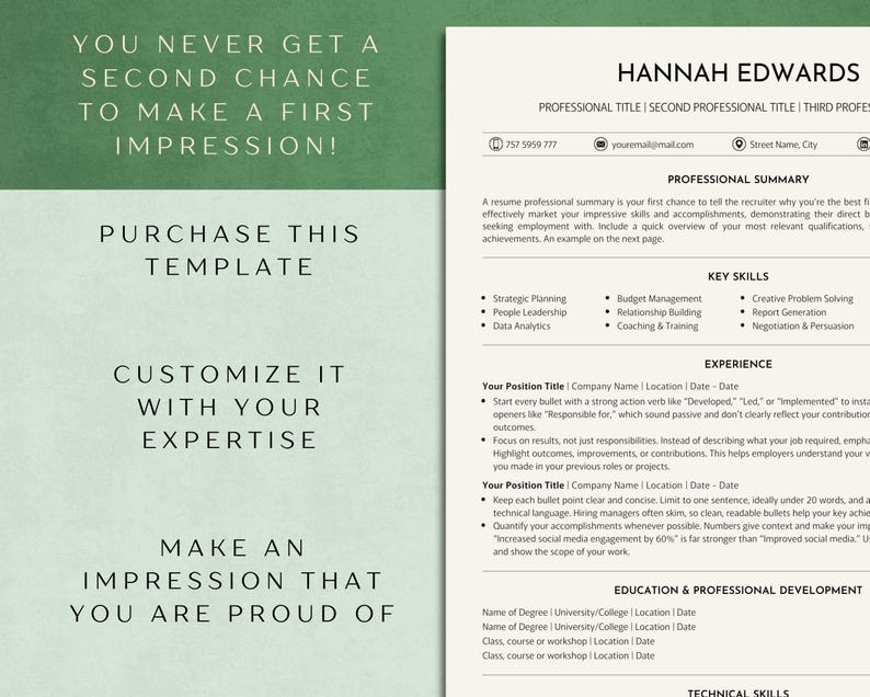 Puede incluir: Una plantilla de curr&iacute;culum con el texto "You never get a second chance to make a first impression!" en la parte superior. La plantilla incluye secciones para un resumen profesional, habilidades clave, experiencia, educaci&oacute;n y desarrollo profesional, y habilidades t&eacute;cnicas.