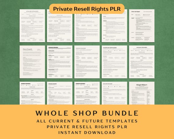 Whole Shop Resume Bundle PLR Private Resell Rights Canva Single-Column ATS Friendly CV Cover Letter Curriculum Vitae Template Pack