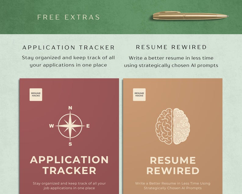 Puede incluir: Dos productos digitales descargables para la redacci&oacute;n de curr&iacute;culums y solicitudes de empleo. El primer producto, "Application Tracker", se ilustra con una br&uacute;jula y el texto "Mant&eacute;ngase organizado y lleve un registro de todas sus solicitudes de empleo en un solo lugar". El segundo producto, "Resume Rewired", se ilustra con un cerebro y el texto "Escriba un mejor curr&iacute;culum en menos tiempo utilizando indicaciones de IA estrat&eacute;gicamente elegidas".