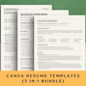 May include: A bundle of three resume templates with the name "HANNAH EDWARDS" at the top. The templates are in a minimalist style with sections for professional summaries, key skills, experience, and education. The text "CANVA RESUME TEMPLATES (3 IN 1 BUNDLE)" is at the bottom.
