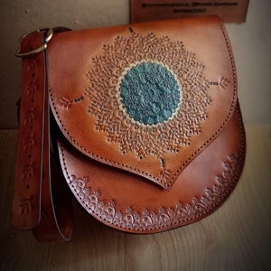 Handcrafted Leather Crossbody Bag • Tooled Mandala Purse • Genuine Brown Leather • Carefully Handmade Gift • Boho Bag for Her