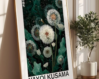 YAYOI KUSAMA Inspired Botanical Print | Dark Green Minimalist Wall Art, Yayoi Kusama Style