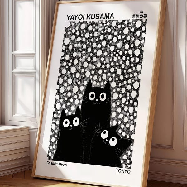 YAYOI KUSAMA Black Cat Print | Framed Japanese Modern Poster | Museum Style Dot Artwork | Inspired Art