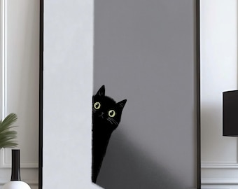 Peut inclure: Une impression d'art encadrée en noir et blanc représentant un chat noir regardant derrière un coin. Les yeux jaunes du chat sont visibles. L'impression est sur une console noire avec une lampe noire, des livres et des vases décoratifs.