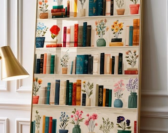 Vintage Library Poster, Books and Flowers Art Print