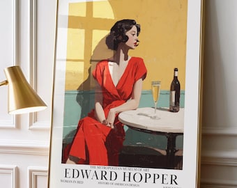 Edward Hopper inspiriert Druck | Frau in Rot Wandkunst | Edward Hopper Kunst | Vintage Poster | Große Wandkunst