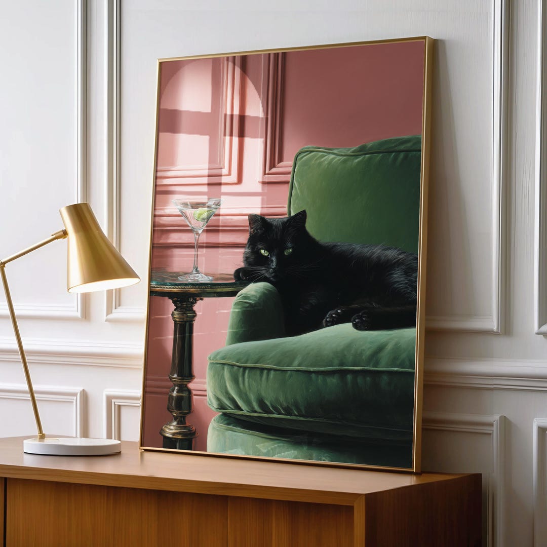 Retro Black Cat Martini Art Print | Vintage Cocktail Bar Decor | Framed ...