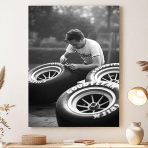 Vintage Racing Garage Poster, Retro Pit Stop Wall Art, Black and White Motorsport Photography Print, Classic Tire Mechanic Canvas