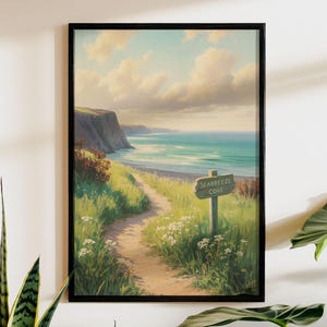 Coastal White Wildflower Painting, Moody Floral Landscape, Flower Field Spring Sea Wall Art, Summer Vintage Beach Farmhouse Poster