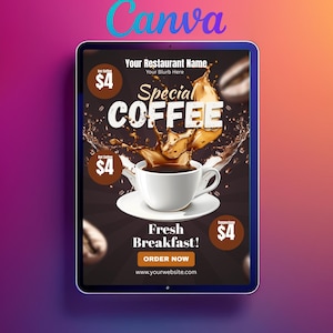 Flyer de cardápio de cafeteria, Flyer de ofertas especiais, Flyer editável para cafeteria, Flyer para download instantâneo, Promoção de cafeteria