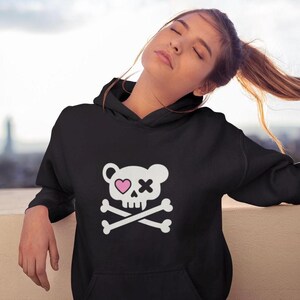 Sweet Bite Bear Skull Hoodie Cute Goth Streetwear Kawaii Punk Hoodie with Heart Eye Skull, Unisex Sweatshirt for Alt Fashion Lovers