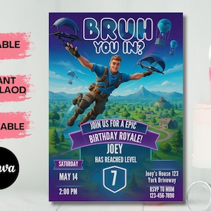 Faire-part d'anniversaire Bruh, invitation à une fête d'anniversaire de joueur, jeu vidéo Party Evite, modèle numérique modifiable, téléchargement immédiat, carte d'anniversaire imprimable