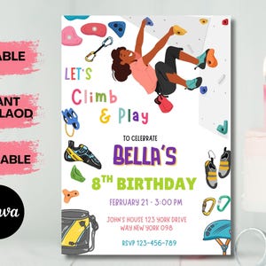 Convite de aniversário para escalada, convite para festa de escalada, modelo digital editável, download instantâneo, cartão para festa de aniversário para impressão