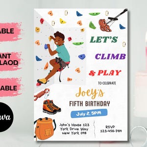 Convite de aniversário para escalada, convite para festa de escalada, modelo digital editável, download instantâneo, cartão para festa de aniversário para impressão