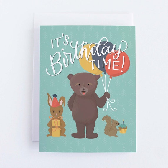 Cute Woodland Birthday Card for First Birthday, Baby Animal Birthday Greeting Card, Toddler Nephew Birthday Card, Bear, Bunny, Squirrel Il_570xn