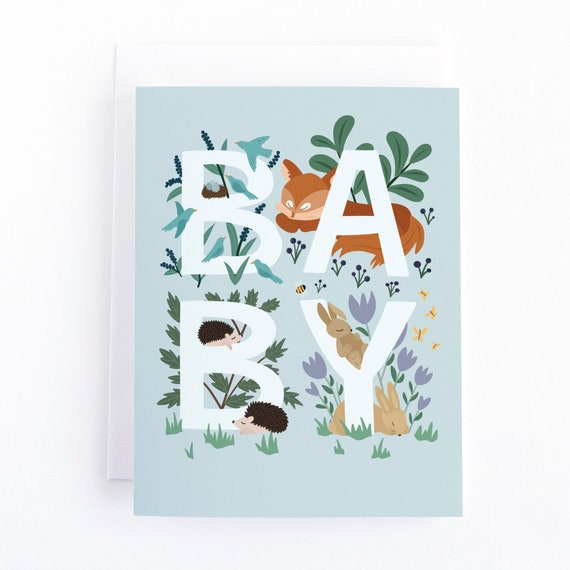 Baby Shower Woodland Greeting Cards, Rustic New Baby Card for Baby Shower, Forest Animal Adoption Card for New Mom, Gender Neutral Baby Card Il_570xn