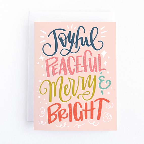 Colorful Pink Christmas Cards Pack, Joyful Peaceful Merry and Bright Holiday Cards Set, Bright and Modern Boxed Christmas Cards Il_570xn