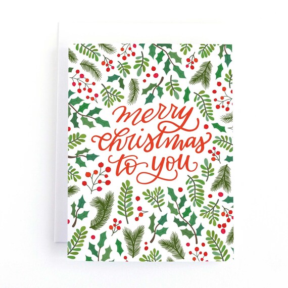 Merry Christmas Card Set, Boxed Holiday Greenery Hand Lettering Card Il_570xn