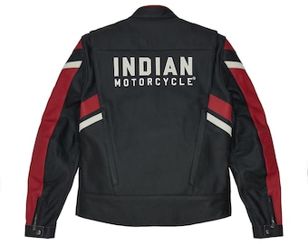 New Men's Indian Motorcycle Ravine Biker Leather Black & Red