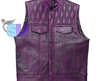 Purple Waxed Leather Biker Vest: Men's Braided Motorcycle Club Style