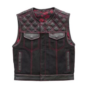Leather Biker Vest Men&#39;s Riding Club Black/Red Motorcycle Vest Diamond Quilted- Hunt Club Biker Waistcoats - Men&#39;s Leather vest
