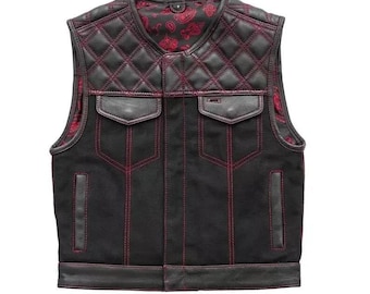 Leather Biker Vest: Men's Black/Red Diamond Quilted Motorcycle Waistcoat