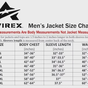 May include: Avirex jacket size chart showing body measurements in inches. Includes chest, sleeve, and waist measurements for sizes S to 5XL. The chart specifies that jacket measurements differ from body measurements.