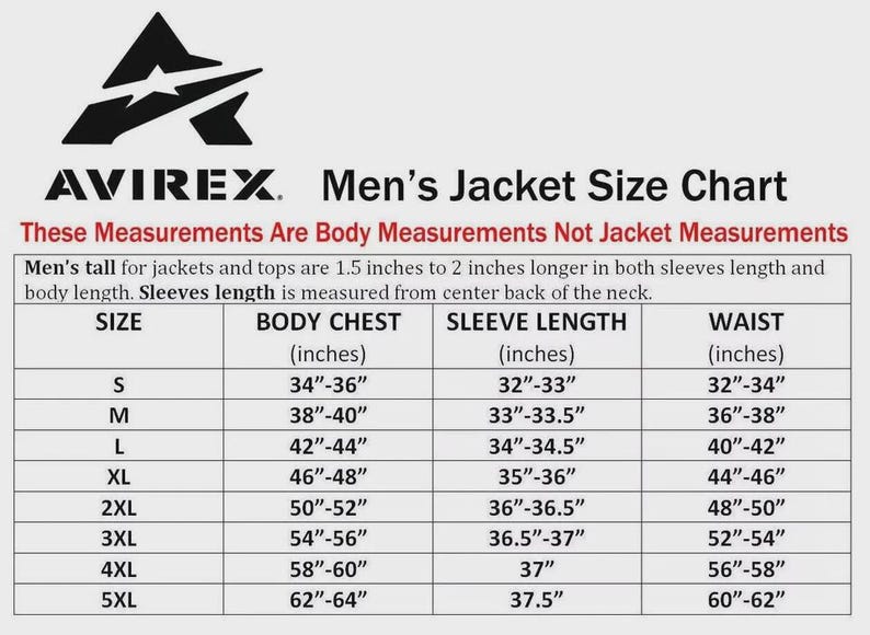 May include: Avirex jacket size chart showing body measurements in inches. Includes chest, sleeve, and waist measurements for sizes S to 5XL. The chart specifies that jacket measurements differ from body measurements.