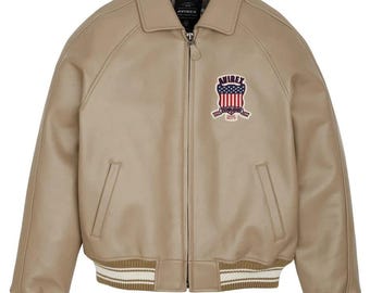 Chaqueta bomber de cuero Avirex para hombre, beige. Estilo americano, moda masculina.