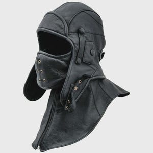 May include: Black leather aviator-style hood with a face mask and ear flaps. The hood has a zip closure at the neck and metal snap details. The face mask has small ventilation holes.