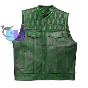 Real Leather vest - Green Wax Leather Vest - Denim Men Biker Vest - Men Braided Motorcycle Vest - Leather vest for men&#39;s